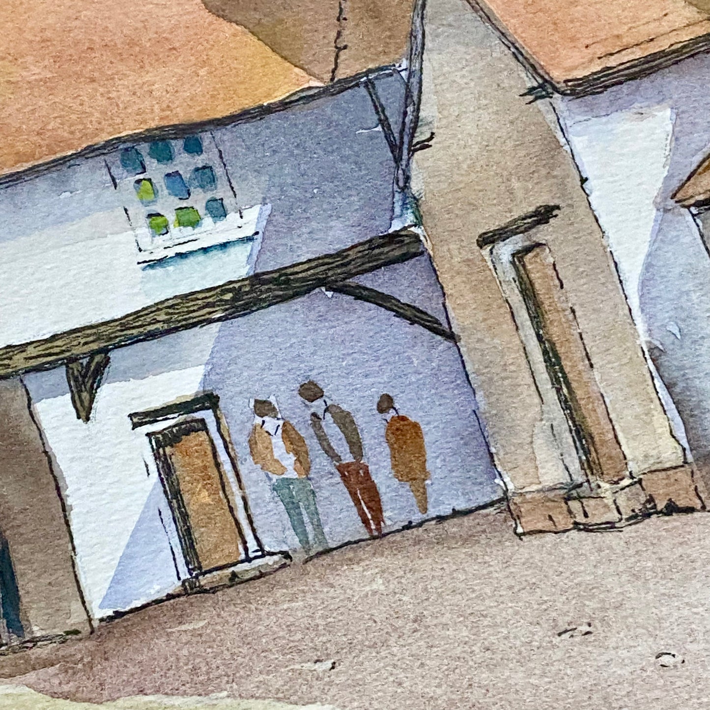 Vintage Village Courtyard Scene Watercolour Art Print Signed Henry J Sage Framed