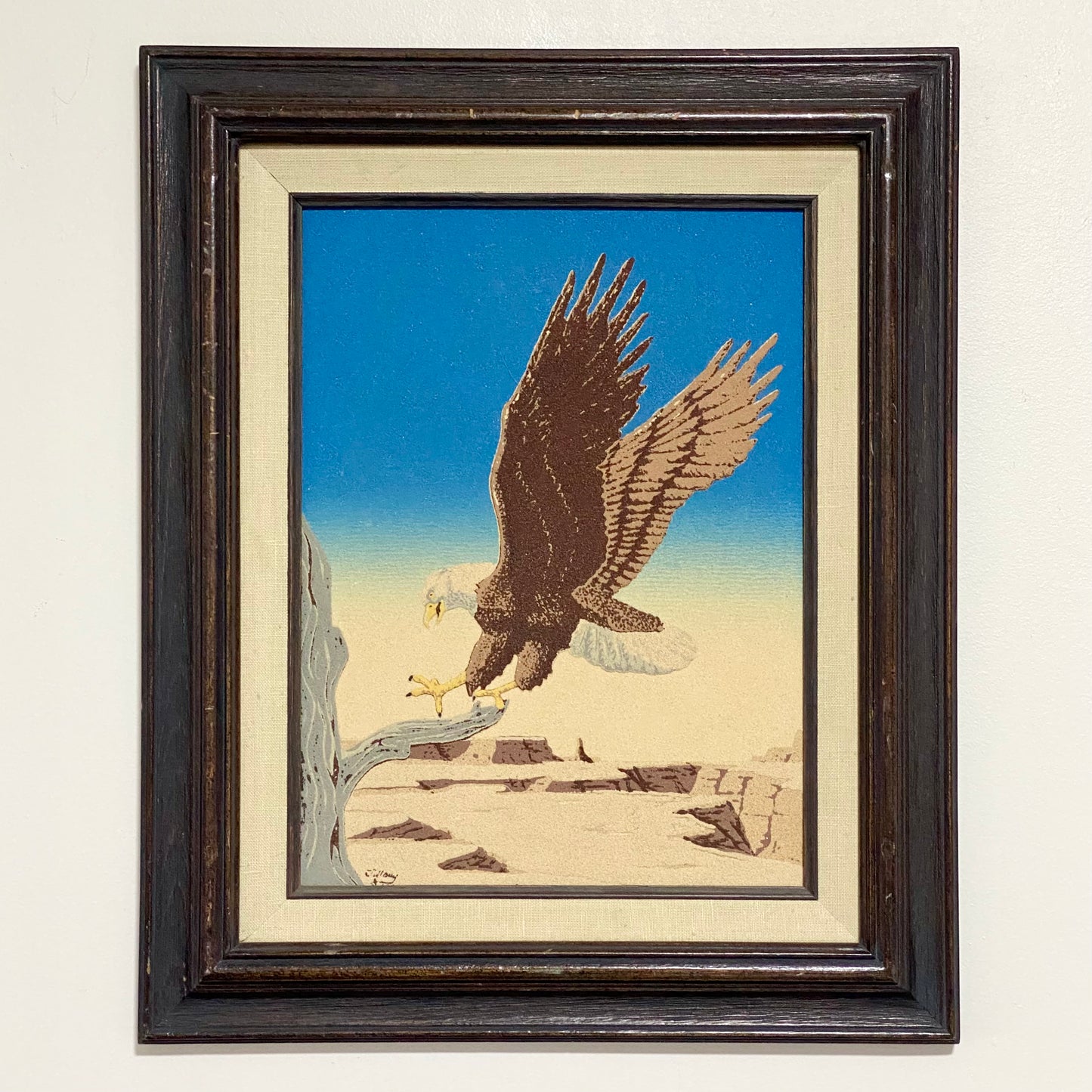 Vintage Bald Eagle Flying Bird Sand Art Picture Signed By Artist Framed Rare