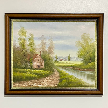 Vintage Rural Country Lane & River Scene Oil On Canvas Signed A Chano Framed