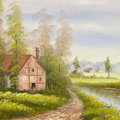 Vintage Rural Country Lane & River Scene Oil On Canvas Signed A Chano Framed