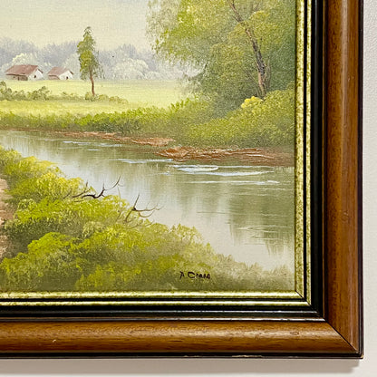 Vintage Rural Country Lane & River Scene Oil On Canvas Signed A Chano Framed