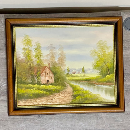 Vintage Rural Country Lane & River Scene Oil On Canvas Signed A Chano Framed