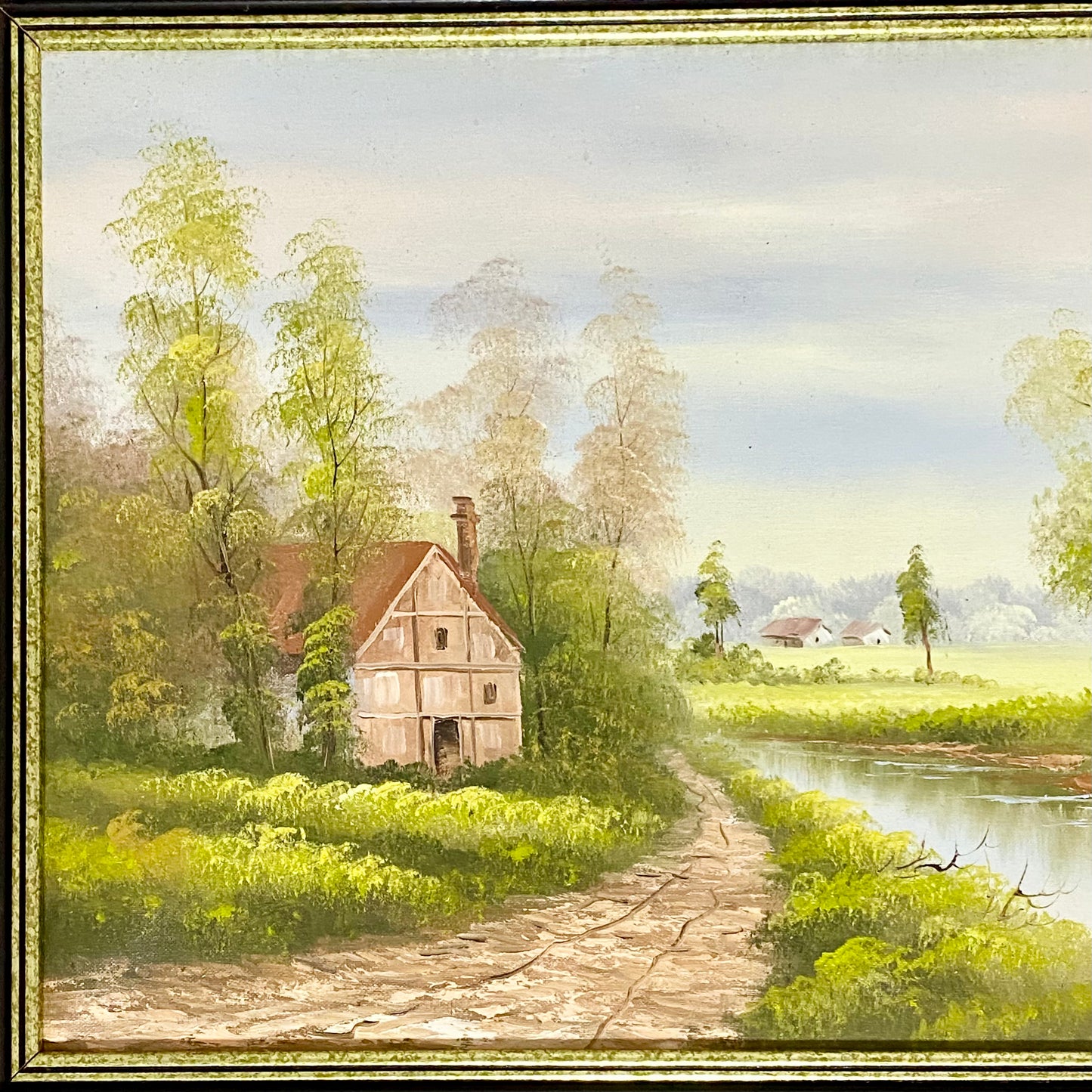 Vintage Rural Country Lane & River Scene Oil On Canvas Signed A Chano Framed
