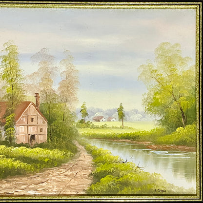 Vintage Rural Country Lane & River Scene Oil On Canvas Signed A Chano Framed
