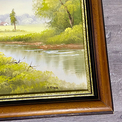 Vintage Rural Country Lane & River Scene Oil On Canvas Signed A Chano Framed