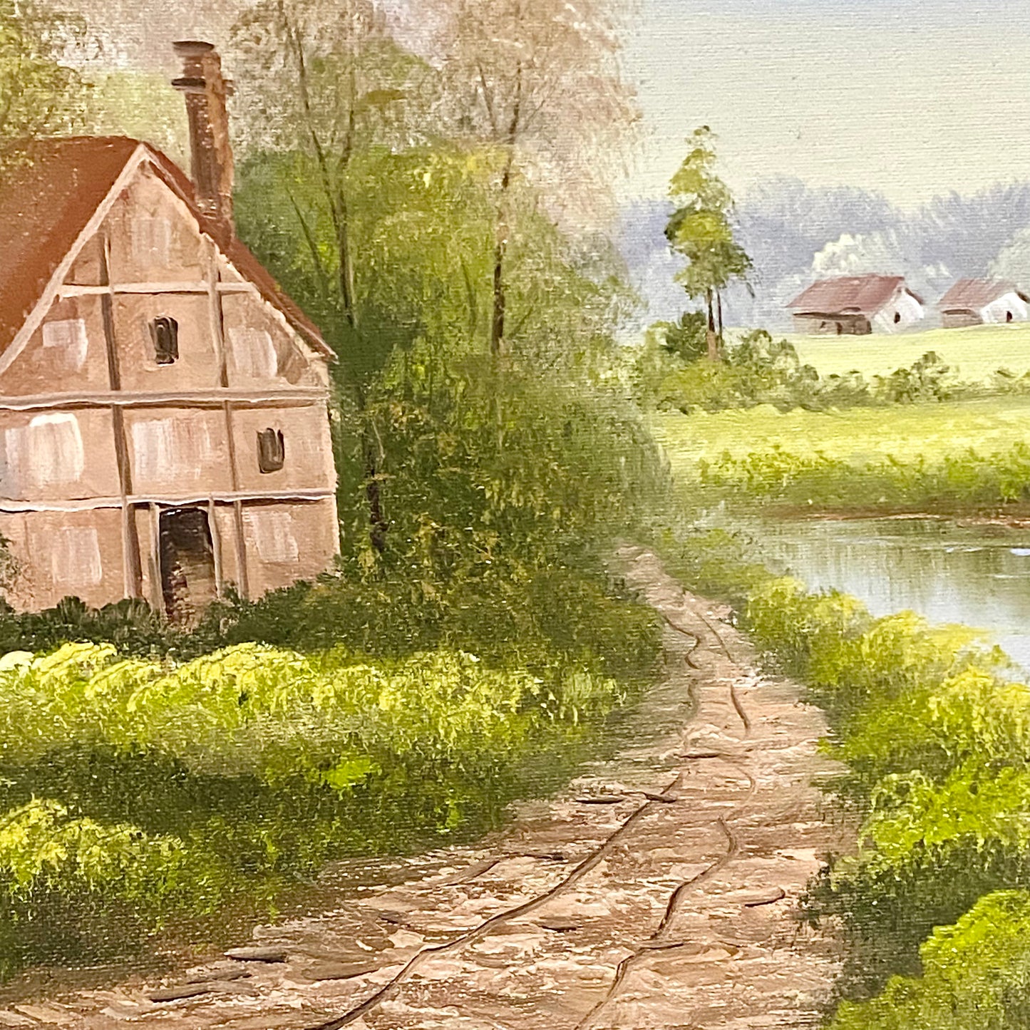 Vintage Rural Country Lane & River Scene Oil On Canvas Signed A Chano Framed
