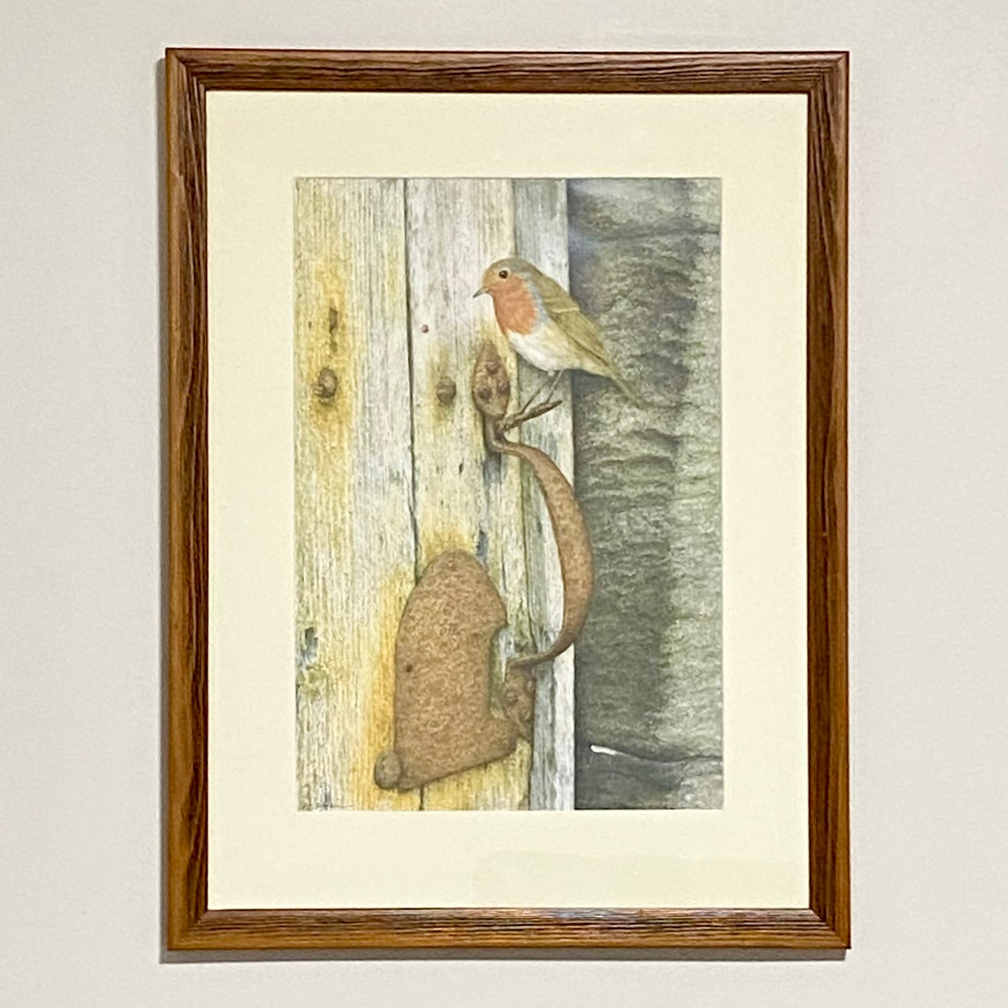 Vintage Robin Bird On Door Handle Laser Print Plate Signed R L Shepperson Framed