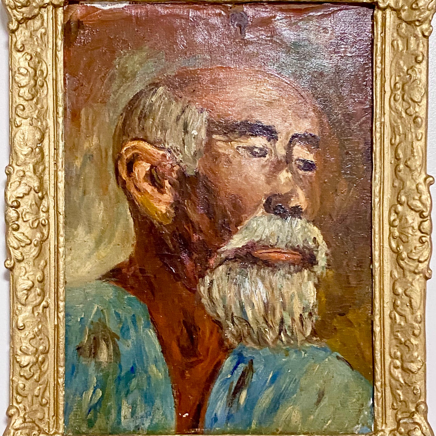 Antique Victorian Portrait Of Bearded Elderly Asian Man Oil On Board Gilt Framed