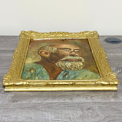 Antique Victorian Portrait Of Bearded Elderly Asian Man Oil On Board Gilt Framed