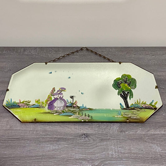 Antique Hand Painted Crinoline Lady In Garden Vintage Wall Mirror 22” 1930s Rare