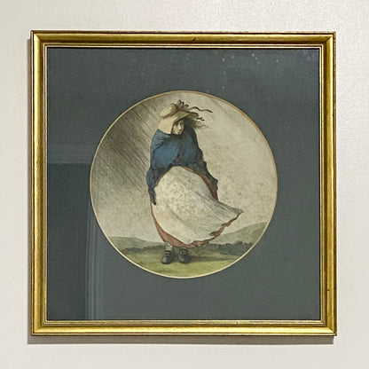 Antique Girl In A Storm After H W Bunbury 1787 Hand Coloured Engraving Framed