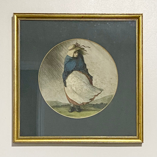 Antique Girl In A Storm After H W Bunbury 1787 Hand Coloured Engraving Framed