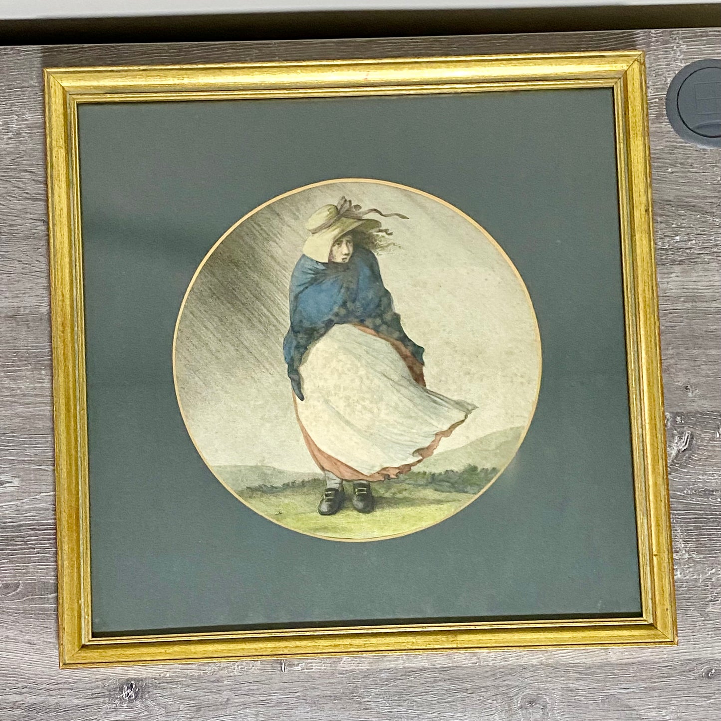 Antique Girl In A Storm After H W Bunbury 1787 Hand Coloured Engraving Framed