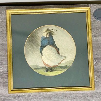Antique Girl In A Storm After H W Bunbury 1787 Hand Coloured Engraving Framed