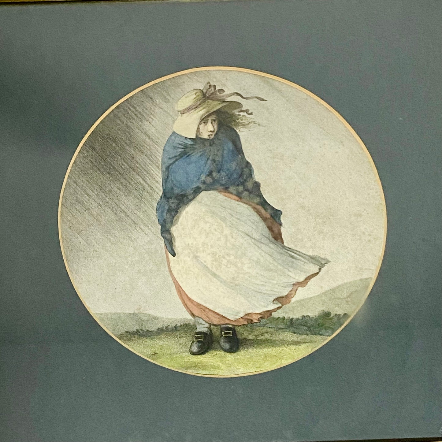 Antique Girl In A Storm After H W Bunbury 1787 Hand Coloured Engraving Framed