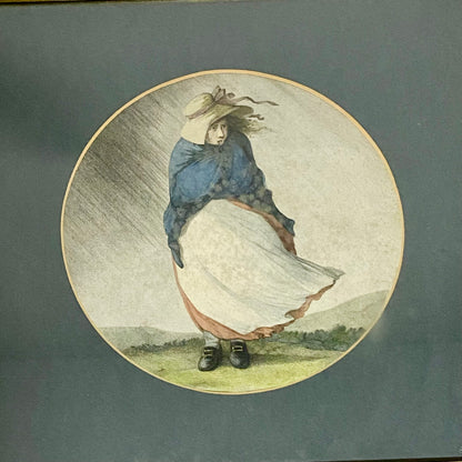 Antique Girl In A Storm After H W Bunbury 1787 Hand Coloured Engraving Framed