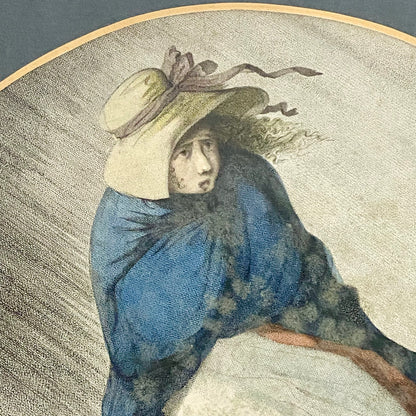 Antique Girl In A Storm After H W Bunbury 1787 Hand Coloured Engraving Framed