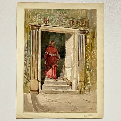 Antique Figure Walking Down Steps Watercolour Painting Signed George Cattermole