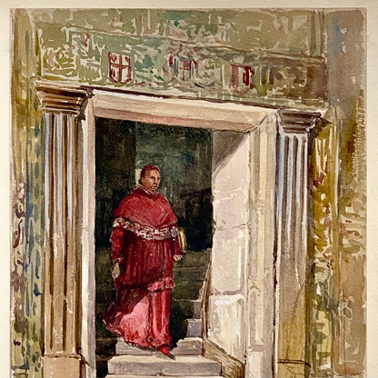 Antique Figure Walking Down Steps Watercolour Painting Signed George Cattermole
