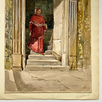 Antique Figure Walking Down Steps Watercolour Painting Signed George Cattermole