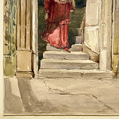 Antique Figure Walking Down Steps Watercolour Painting Signed George Cattermole