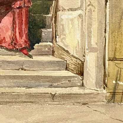 Antique Figure Walking Down Steps Watercolour Painting Signed George Cattermole