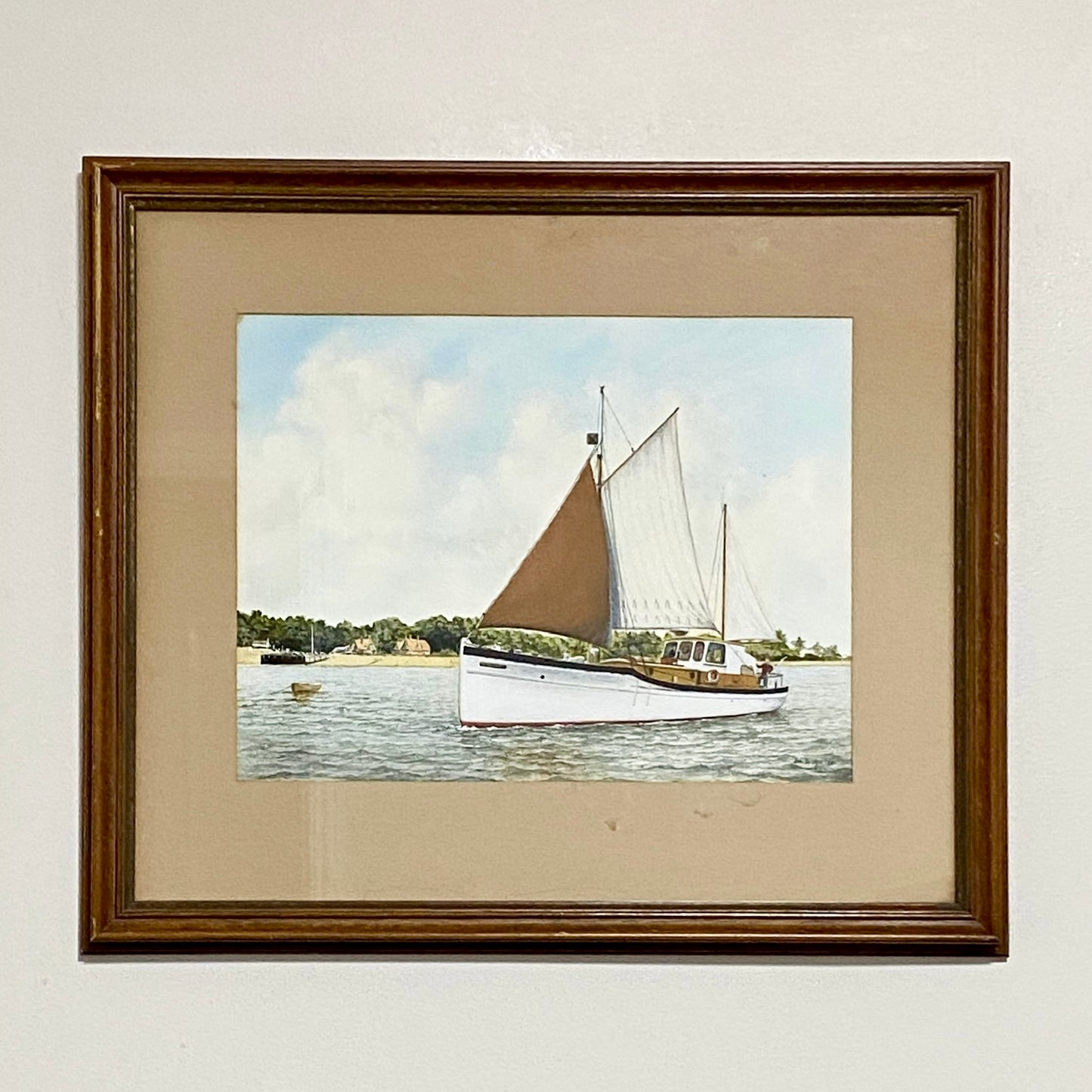 Vintage Coastal Sailing Boat Watercolour Painting Signed Leo Bridges 1981 Framed