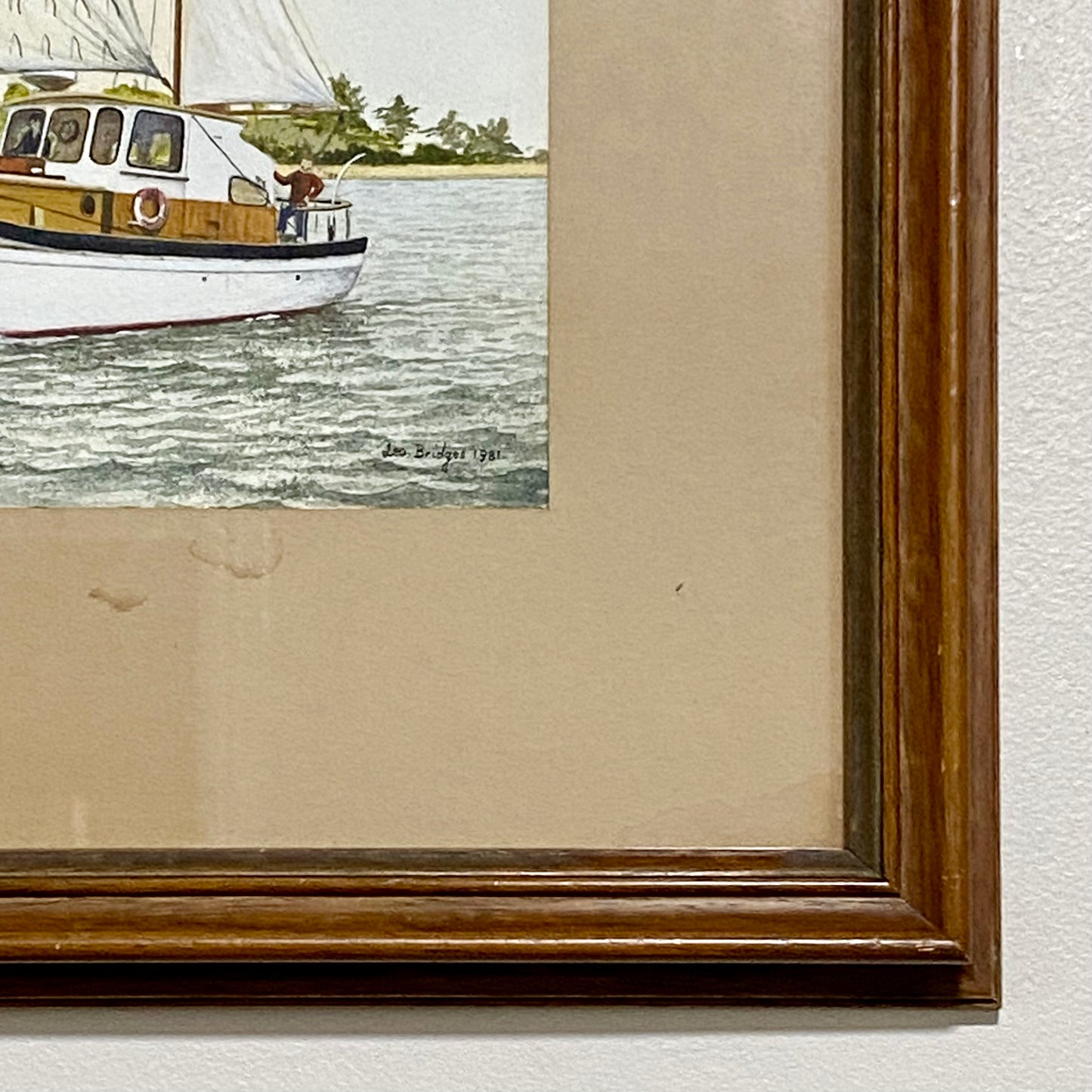 Vintage Coastal Sailing Boat Watercolour Painting Signed Leo Bridges 1981 Framed