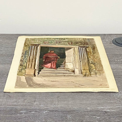 Antique Figure Walking Down Steps Watercolour Painting Signed George Cattermole