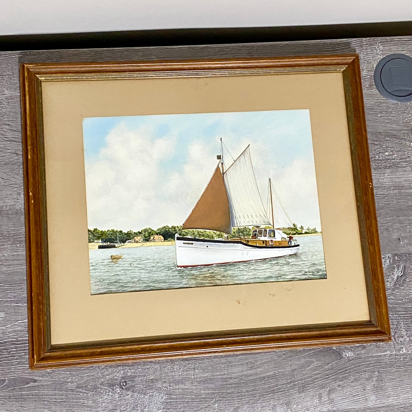 Vintage Coastal Sailing Boat Watercolour Painting Signed Leo Bridges 1981 Framed