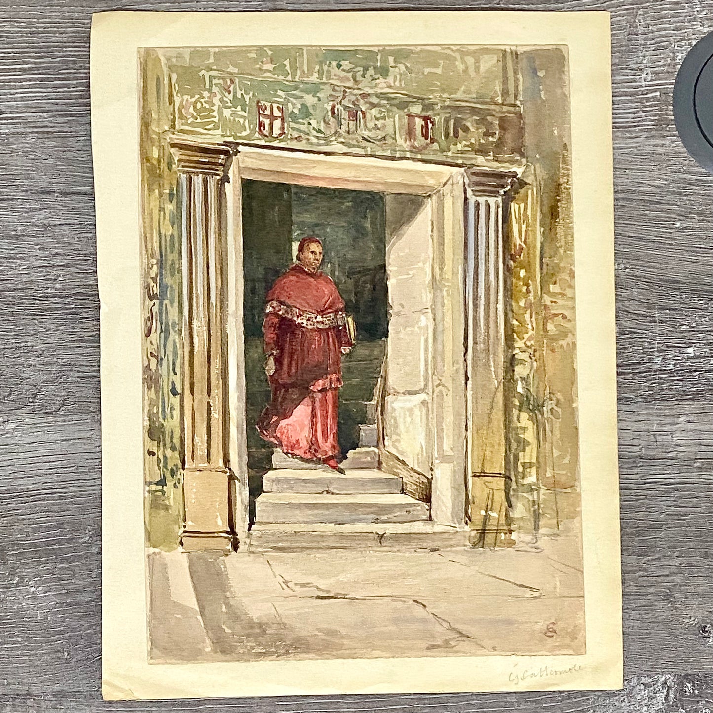 Antique Figure Walking Down Steps Watercolour Painting Signed George Cattermole