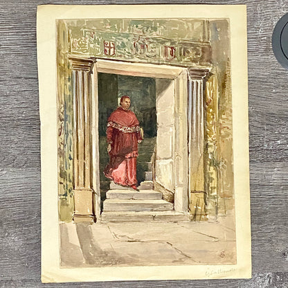 Antique Figure Walking Down Steps Watercolour Painting Signed George Cattermole