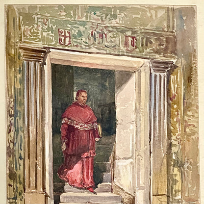 Antique Figure Walking Down Steps Watercolour Painting Signed George Cattermole