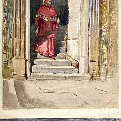 Antique Figure Walking Down Steps Watercolour Painting Signed George Cattermole