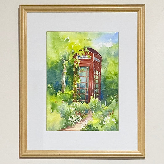 Vintage Traditional British Red Telephone Box Watercolour Painting Signed Ann