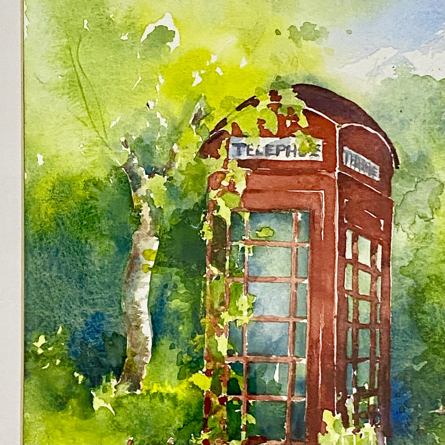 Vintage Traditional British Red Telephone Box Watercolour Painting Signed Ann