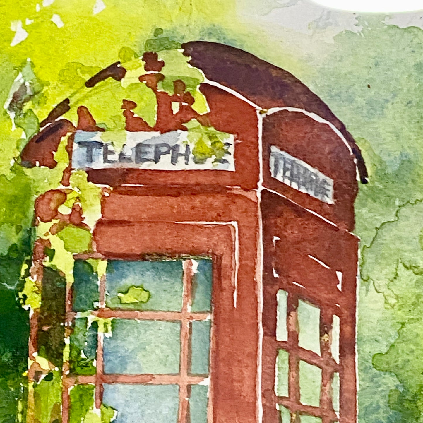 Vintage Traditional British Red Telephone Box Watercolour Painting Signed Ann