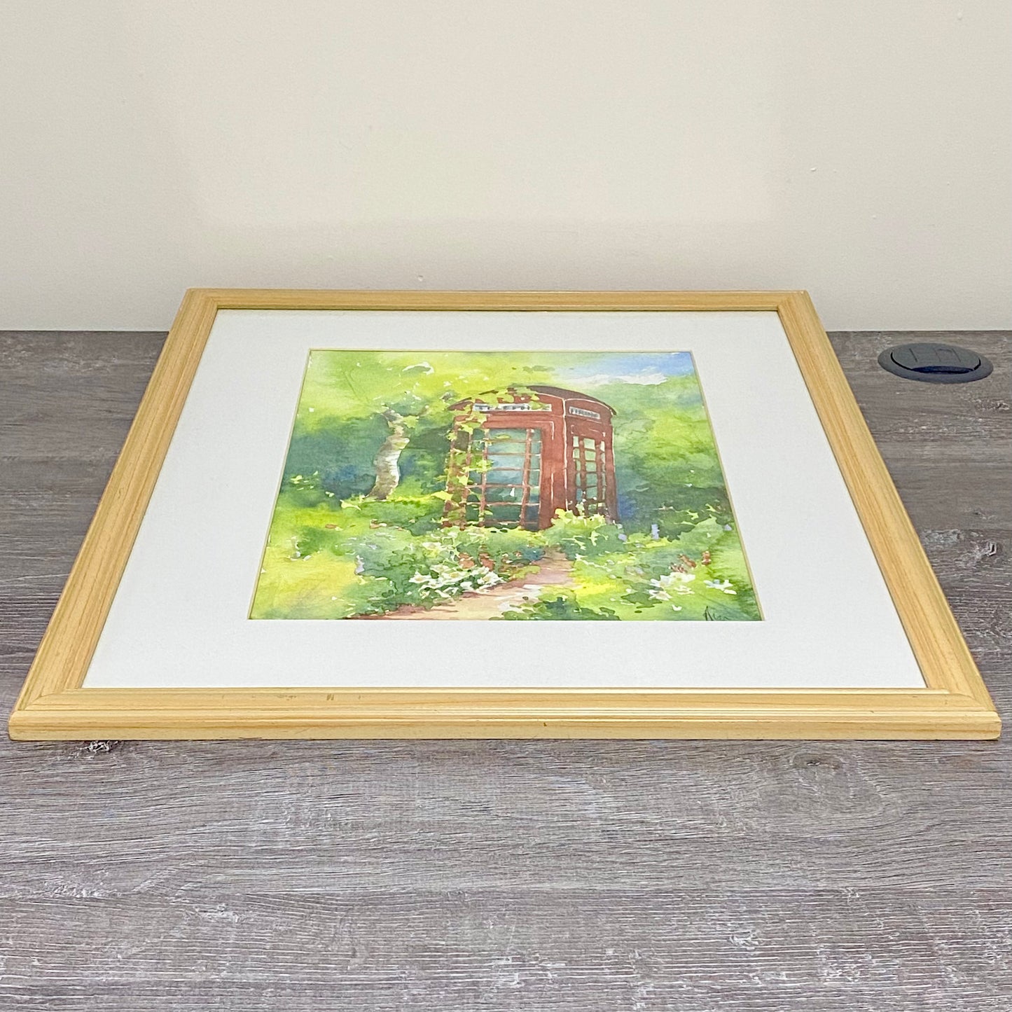 Vintage Traditional British Red Telephone Box Watercolour Painting Signed Ann