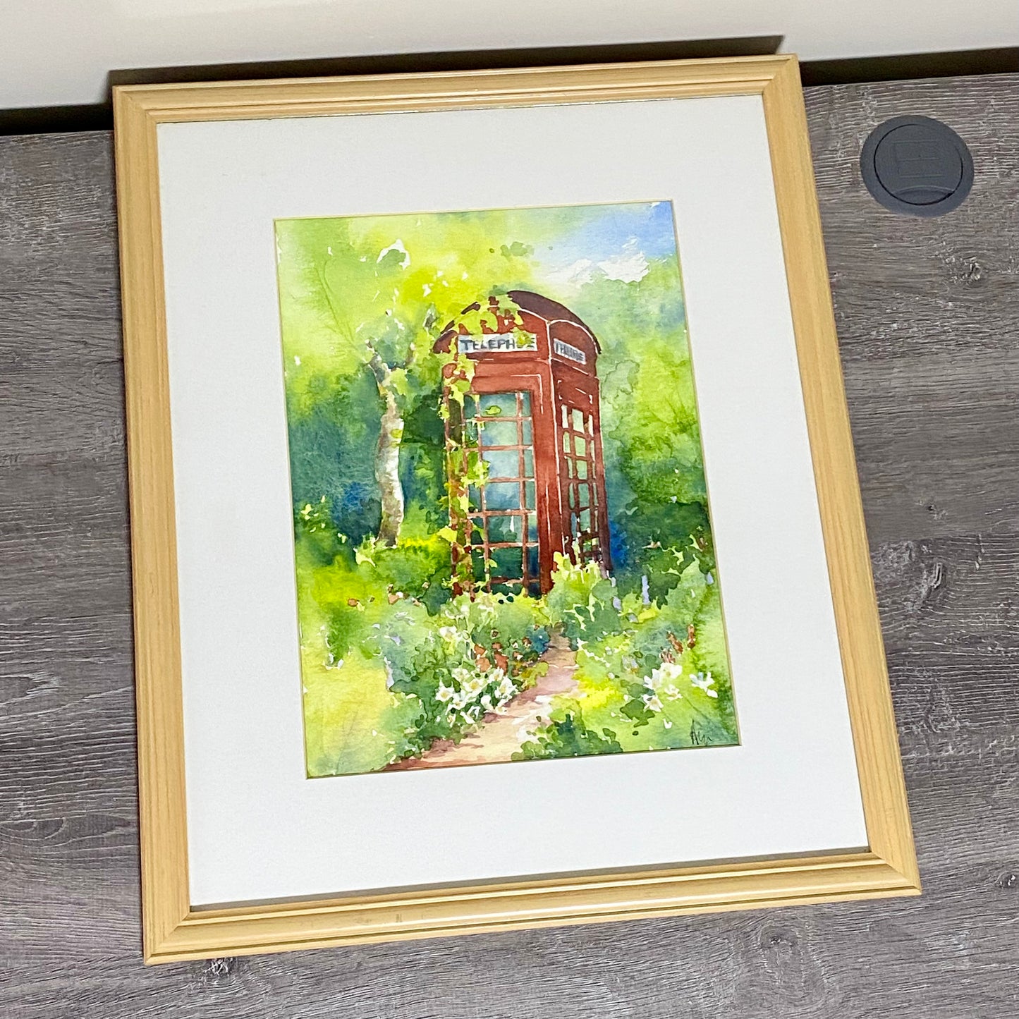 Vintage Traditional British Red Telephone Box Watercolour Painting Signed Ann