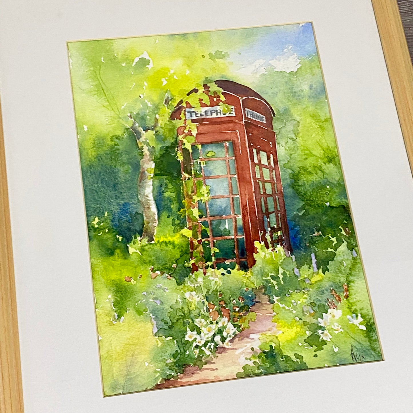 Vintage Traditional British Red Telephone Box Watercolour Painting Signed Ann