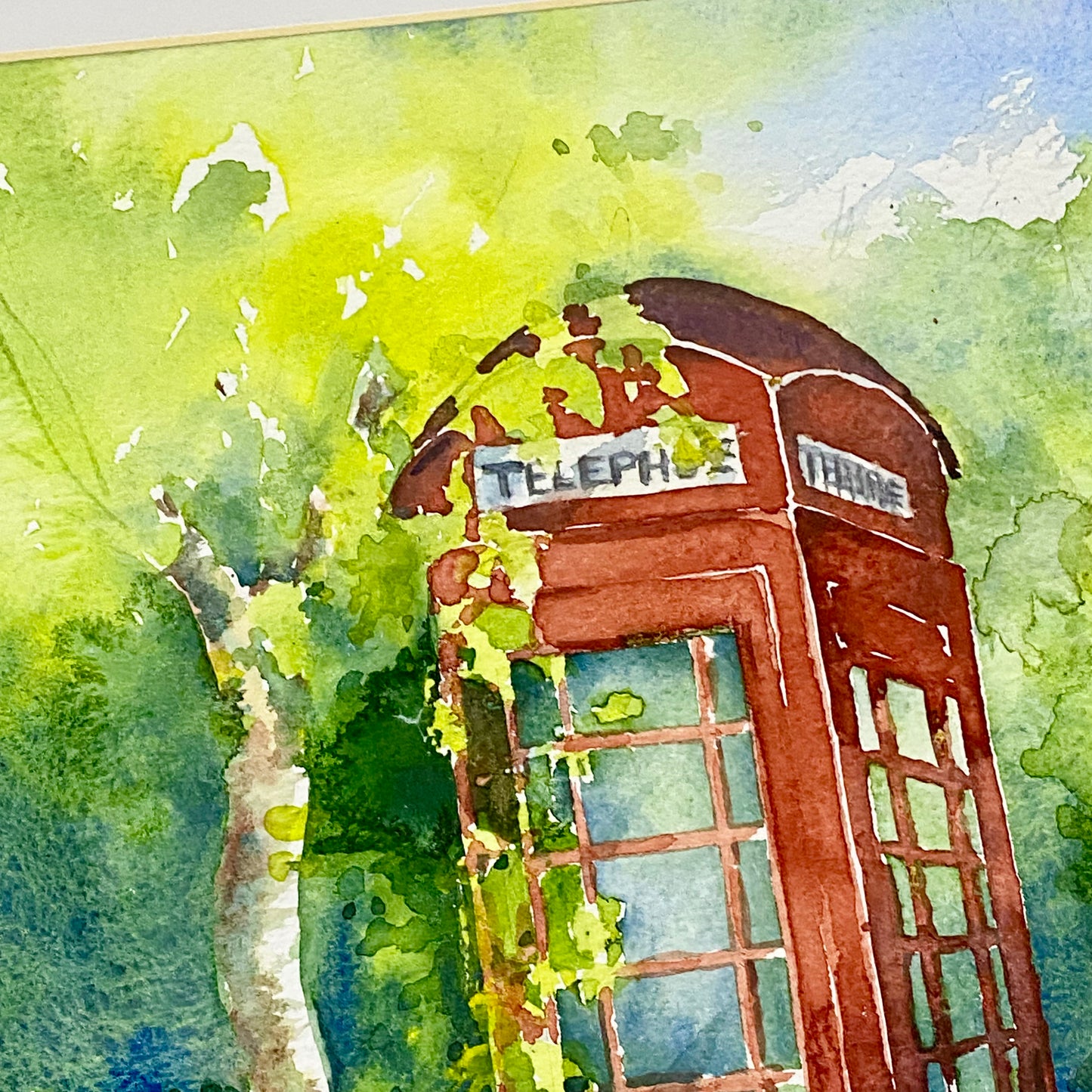 Vintage Traditional British Red Telephone Box Watercolour Painting Signed Ann
