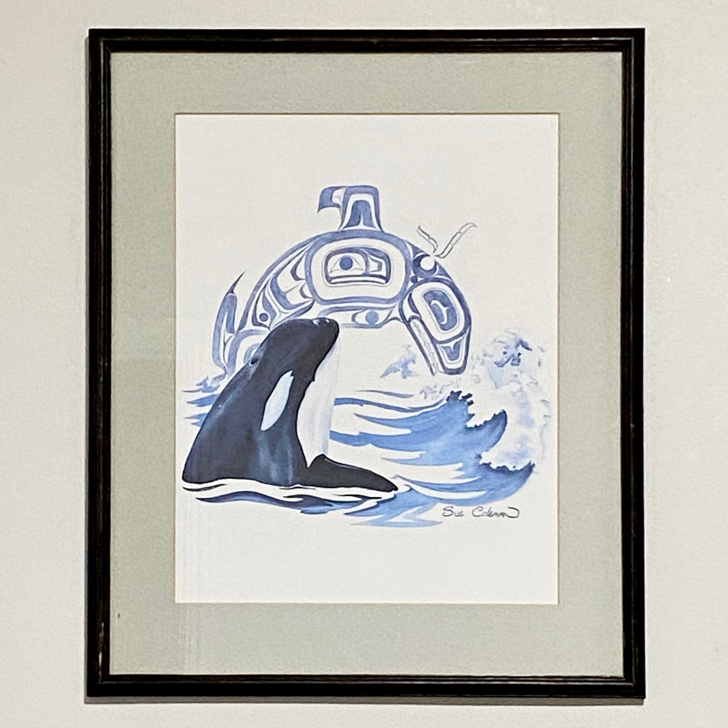 Vintage The Orca Killer Whale Watercolour Art Print Signed Sue Coleman Framed