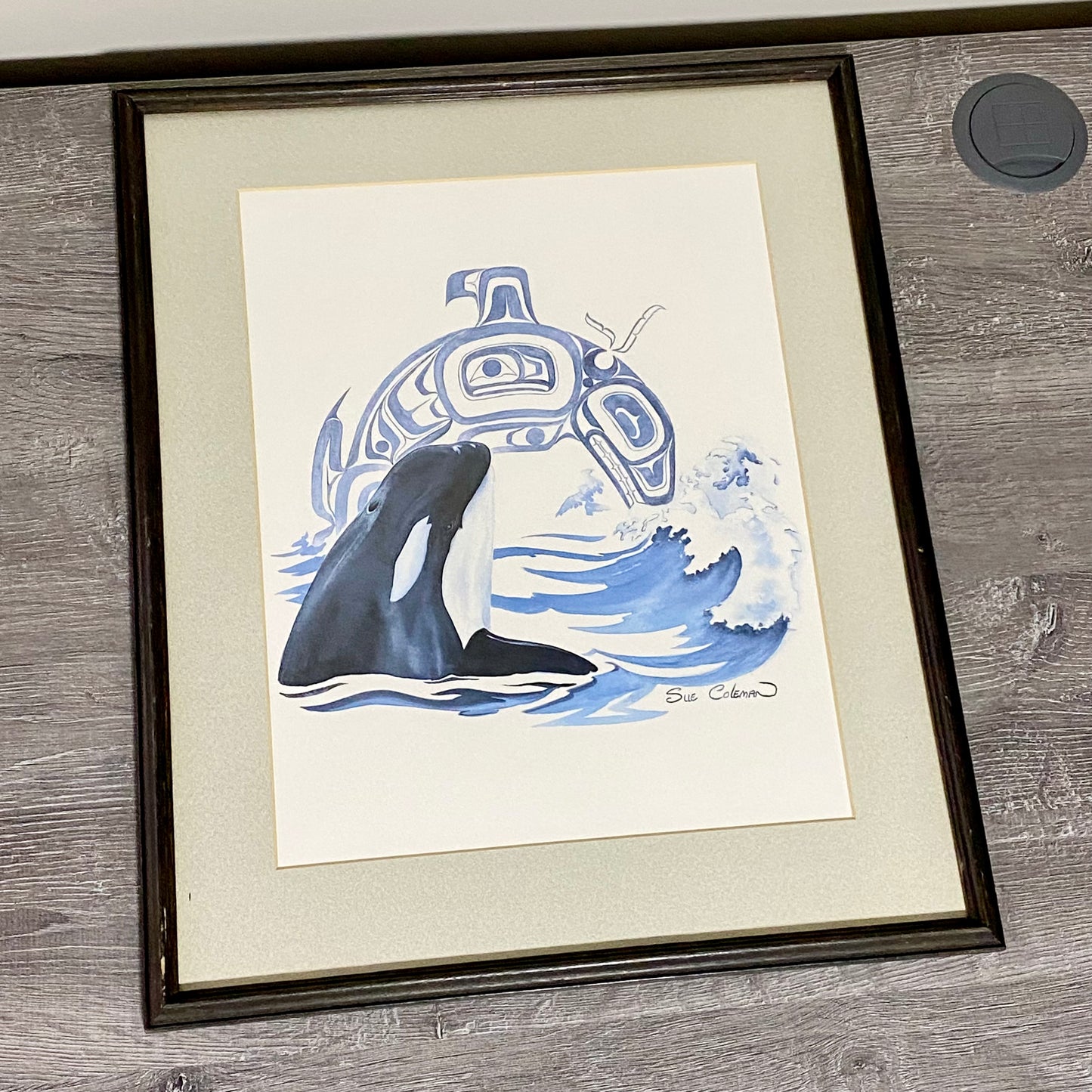Vintage The Orca Killer Whale Watercolour Art Print Signed Sue Coleman Framed