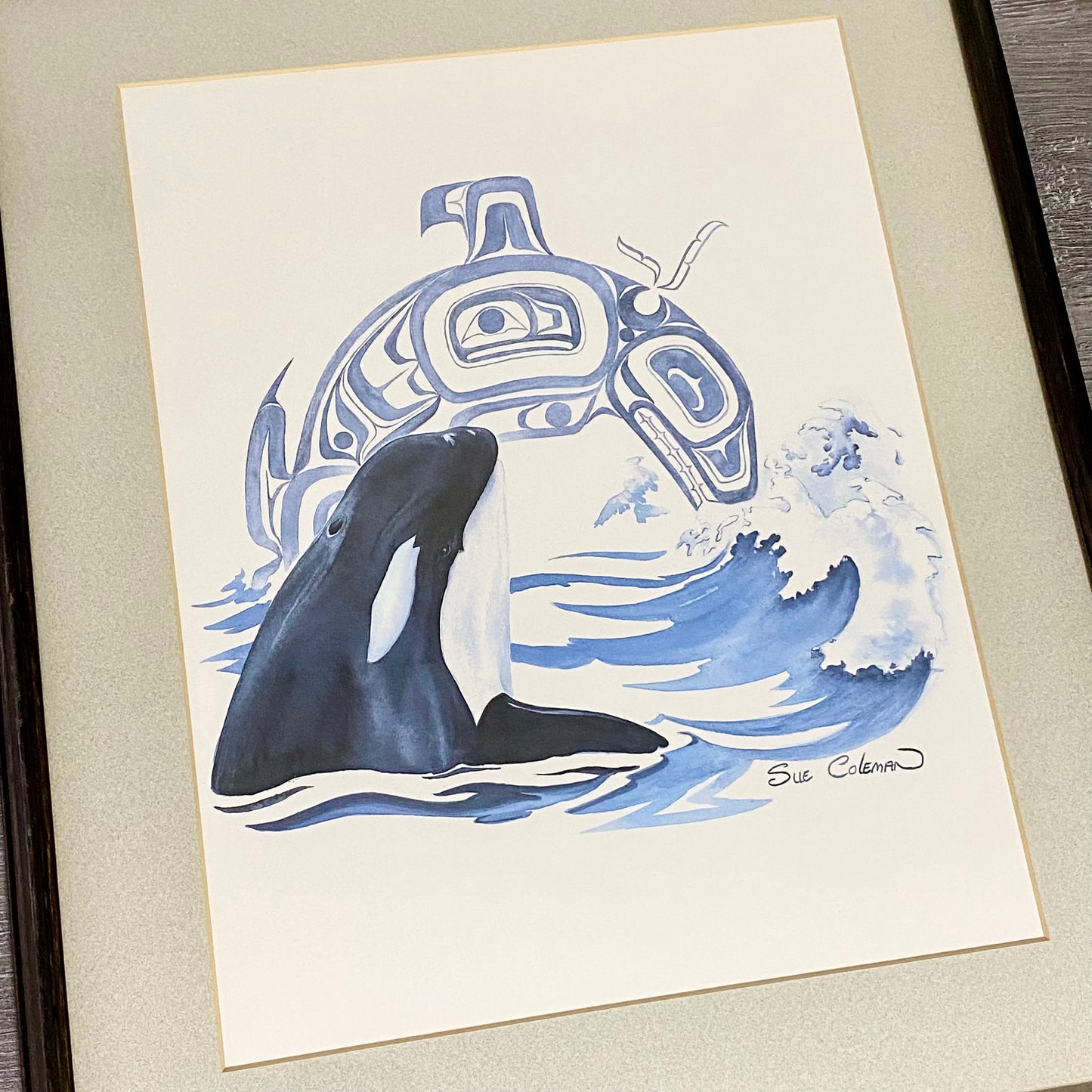 Vintage The Orca Killer Whale Watercolour Art Print Signed Sue Coleman Framed