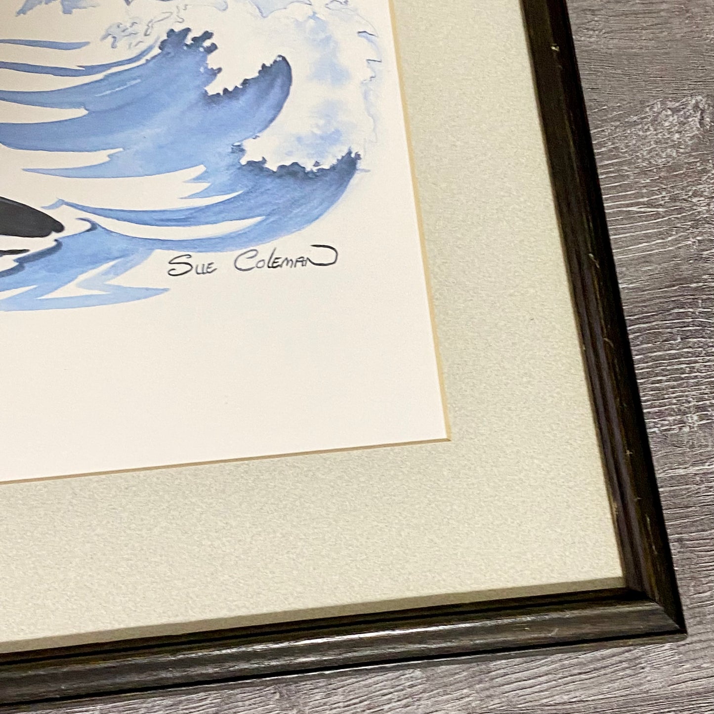 Vintage The Orca Killer Whale Watercolour Art Print Signed Sue Coleman Framed