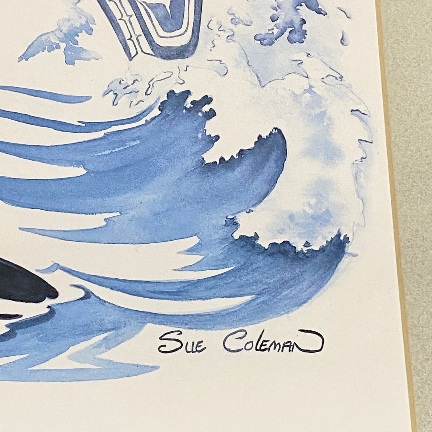 Vintage The Orca Killer Whale Watercolour Art Print Signed Sue Coleman Framed
