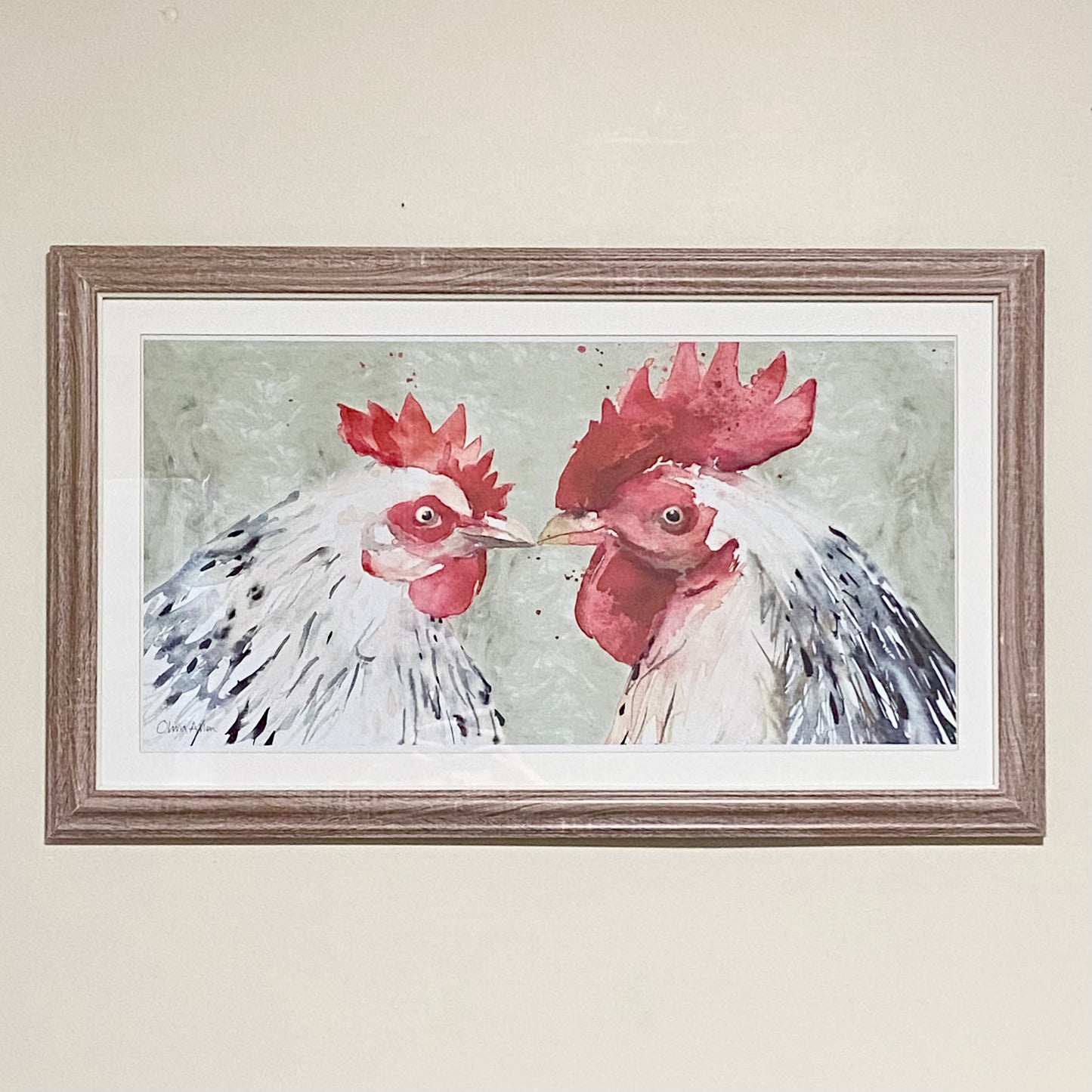 Two Roosters Chick Flick Chickens Watercolour Art Print Signed Olivia Athen