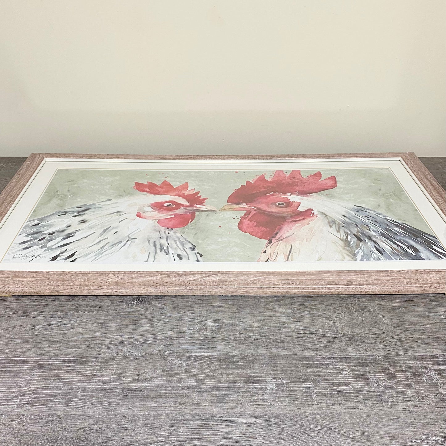 Two Roosters Chick Flick Chickens Watercolour Art Print Signed Olivia Athen