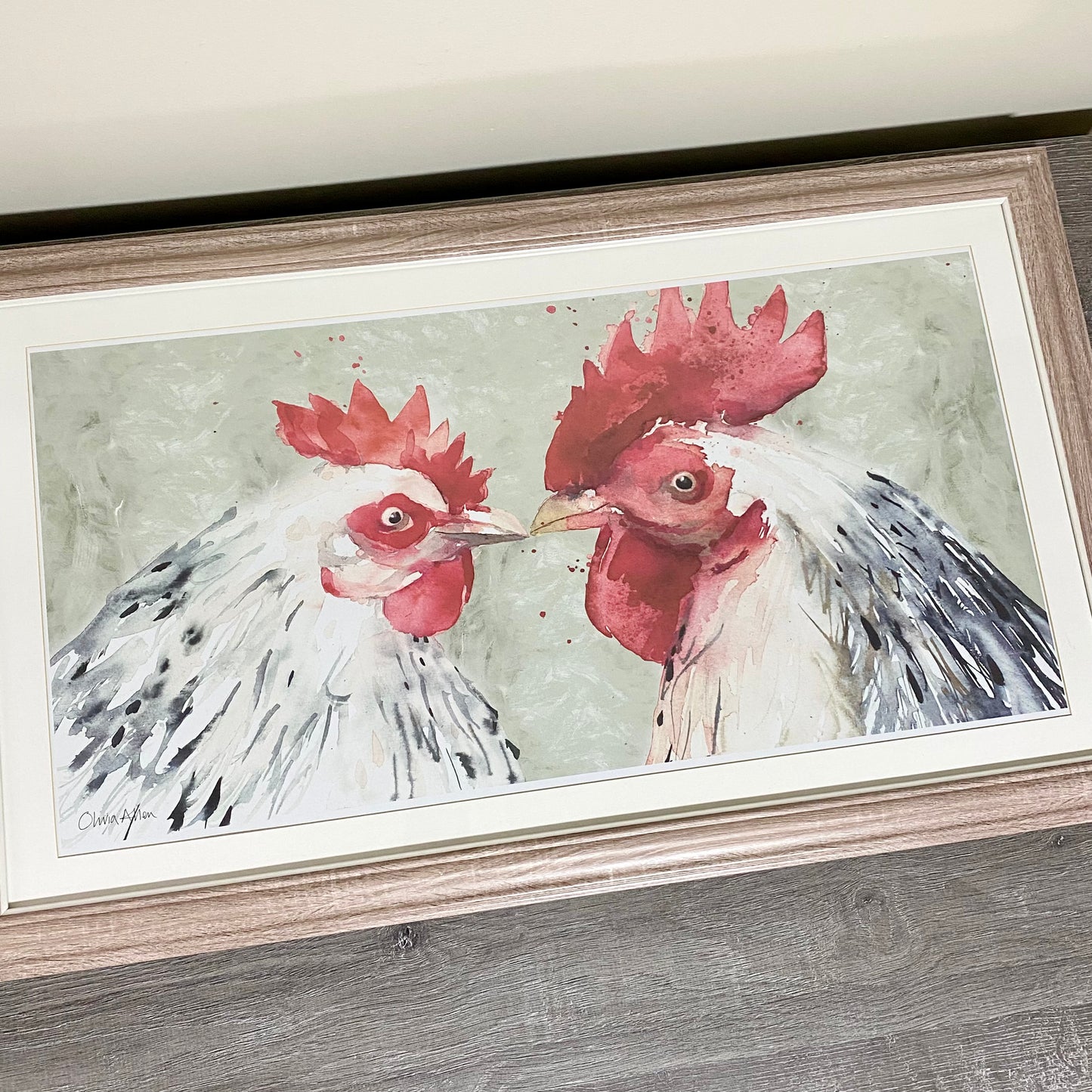 Two Roosters Chick Flick Chickens Watercolour Art Print Signed Olivia Athen