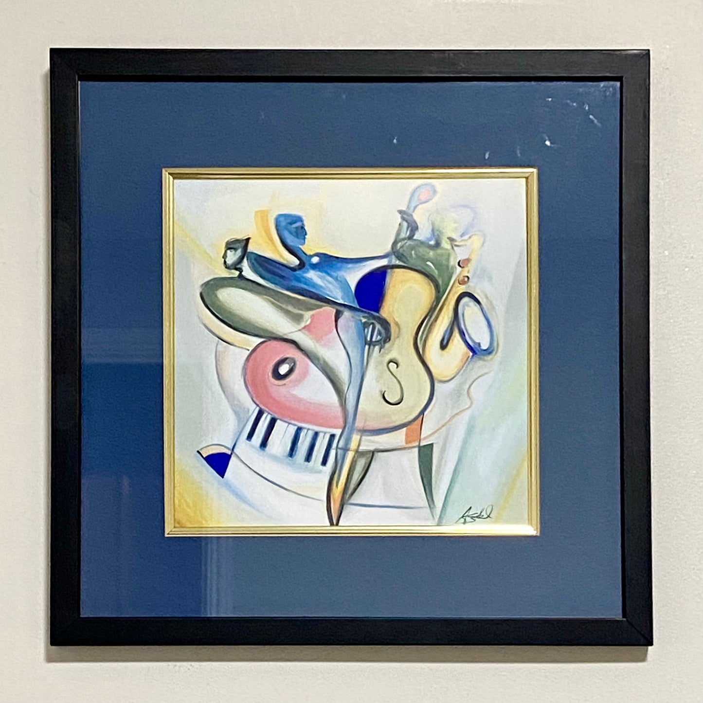 Vintage Bass-ic Instinct Musical Art Print Plate Signed Alfred Gockel Framed